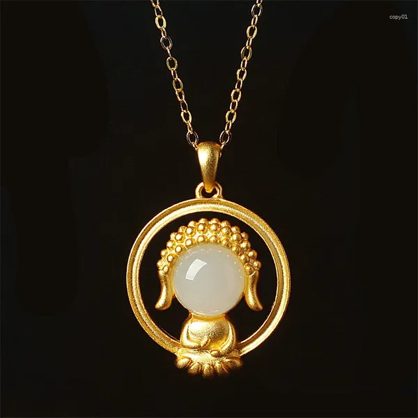 Ciondoli Pure 18k Color oro Una collana con pendente in giada bianca e diaspro per le donne Charms Catena fortunata Gioielli da sposa Regali di compleanno per feste