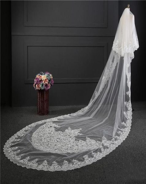 2017 Velo da sposa su misura Immagine reale Stupenda due strati Bianco Avorio 3 metri di lunghezza Applique in pizzo Tulle Cattedrale Veli da sposa4770016