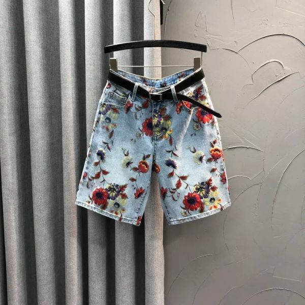 Calças de brim femininas flor impressão shorts soltos femme vintage calças jeans tornozelo comprimento jean calças camo streetwear