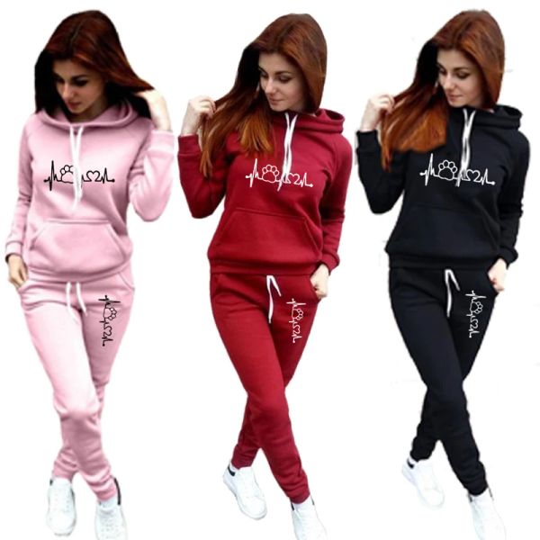 Anzüge Heißer Herbst Winter Damen Hoodie + Jogginghose 2-teilige Trainingsanzüge Trainingsanzüge Kapuzen Jogging Cat Scratch Print Sportanzüge