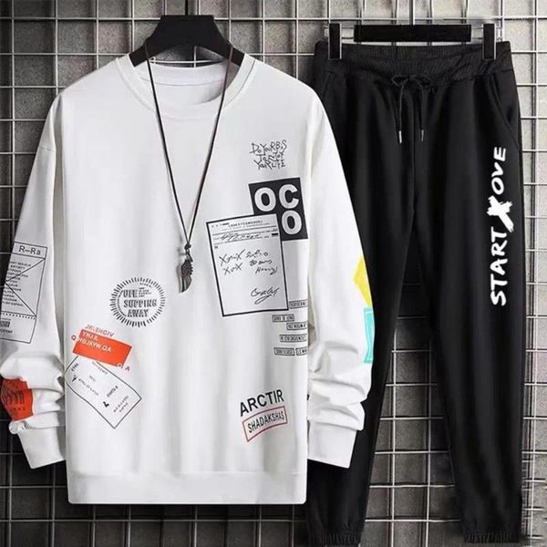 Tracksuits masculinos 2 pçs / set homens top calças conjunto em torno do pescoço hip hop carta impressão manga longa solta moletom calças outono primavera treino