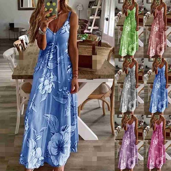 Grundlegende Freizeitkleider 2024 Frühling Sommerkleid Damen Blumendruck V-Ausschnitt Lange Kleider Grün Lässiges böhmisches ärmelloses Damen Strandpartykleid