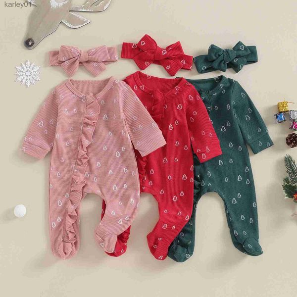 Footies Pudcoco Bebek Kız Bebek Noel Kıyafet Uzun Kol Mürettebat Boyun Ağacı Baskı Footies Tulum ve Kafa Bandı Sonbahar Giysileri 0-12m YQ240306