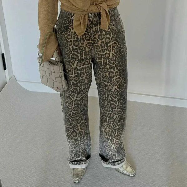 Jeans da donna Y2K Retro High Street Loose Casual Leopard Pattern Jeans americani da uomo e da donna Pantaloni multifunzionali in denim dritto a gamba larga J240306