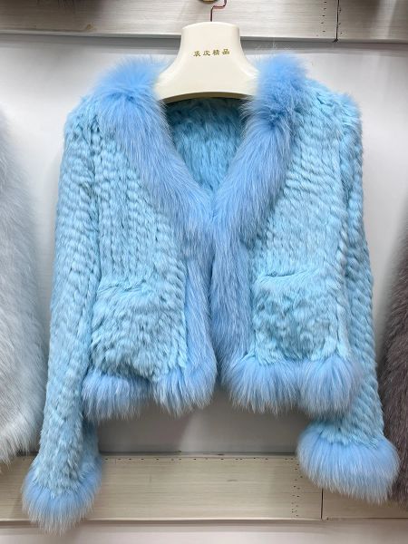 Мех 2023 Натуральные кроличьи меховые пальто вязаные женские женские куртки на настоящий мех лиса роскошная женщина одежда