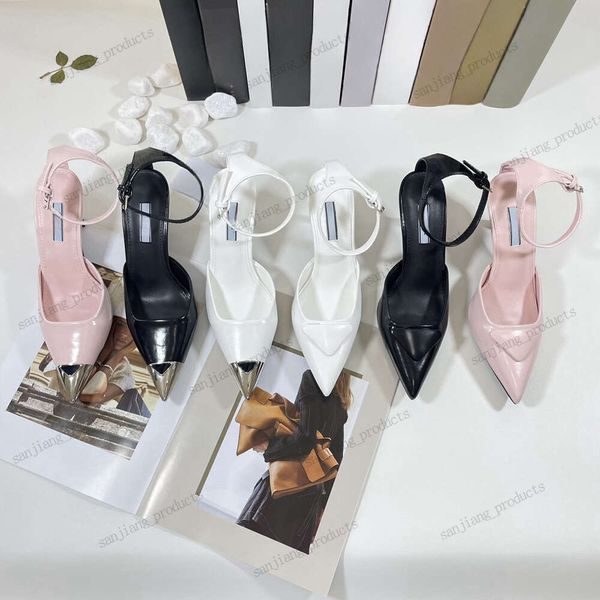 2024 Tasarımcı Sandalet Sivri Yüksek Topuk Stiletto Slingback Tek Ayakkabı Metal Üçgen Toka 3cm 7cm Yavru Kedi Topuklular Sandal Kadınlar İçin Zarif Düğün Pompaları Ayakkabı Düz