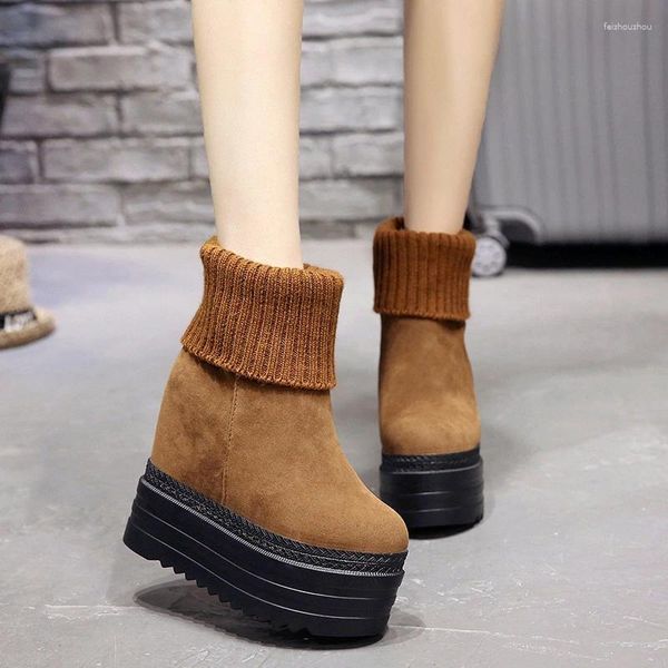 Botas femininas meados de bezerro inverno tricô lã escondida salto mulher quente plataforma de moda grossa sola sapatos femininos bota