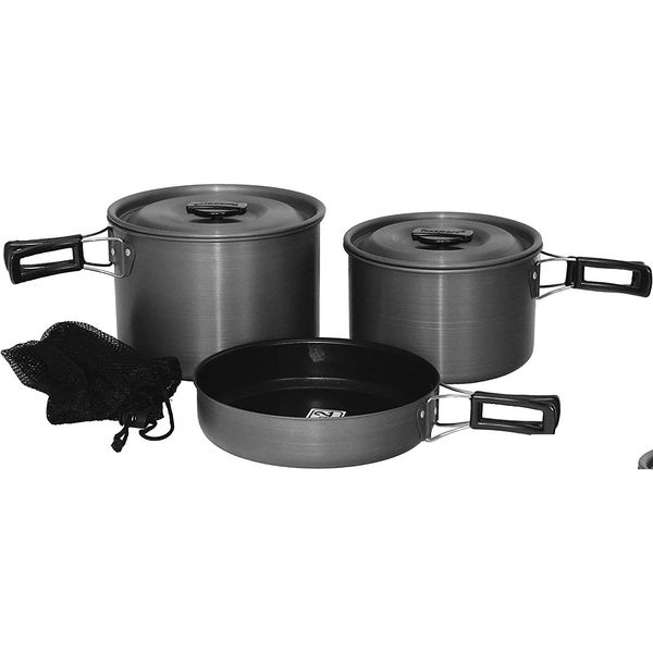 Cucina da campo Trailblazer Black Ice 5 pezzi anodizzato duro Cam Pentole Set da cucina all'aperto con custodia Drop Delivery Sport all'aperto Cam Dh0Gk