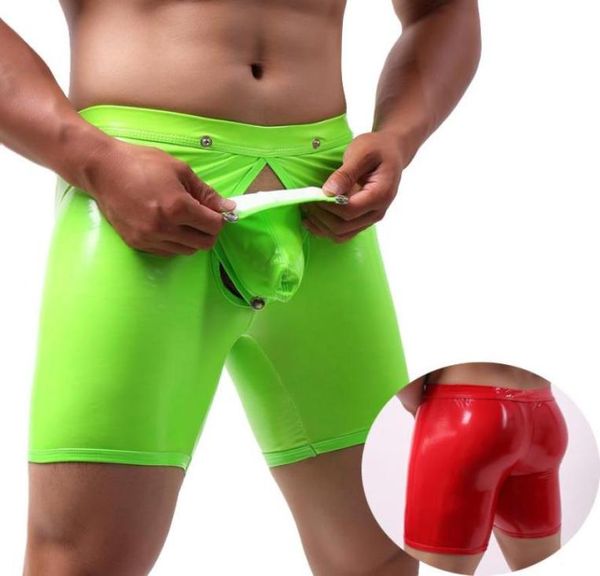 Unterhosen Sexy Herren Lange Boxer Unterwäsche Männer Patent Leder Boxershorts Exotische Hohl Homosexuell Paar Große Penis Tasche Bühne Zeigen Männlich pa9785850