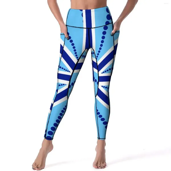 Pantaloni attivi Leggings a righe e pois Stampa bandiera blu Palestra Yoga Push Up Collant sportivi retrò Tasche Legging con motivo elastico