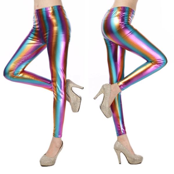 Leggings Womens Fluorescenza Fluorescenza Blocco colore Shine Bling Stripd Stampa punk Rock Legin Pants Women Leggings Luccoso Leggings