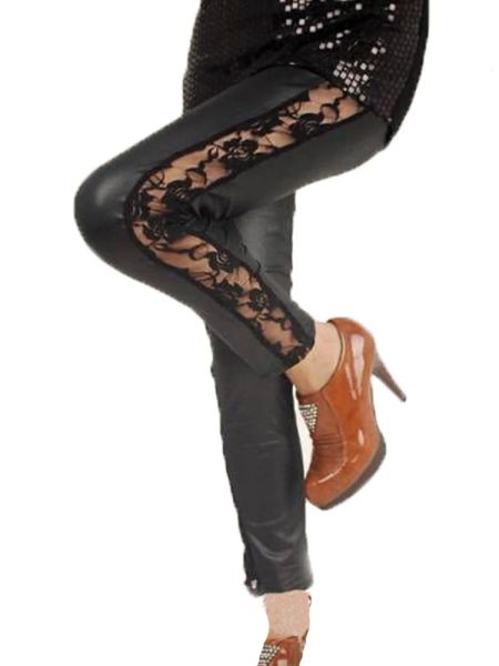 Leggings night club wear leggins de couro falso renda quente sexy leggings feminino lado oco para fora flor preto branco vermelho calças casuais