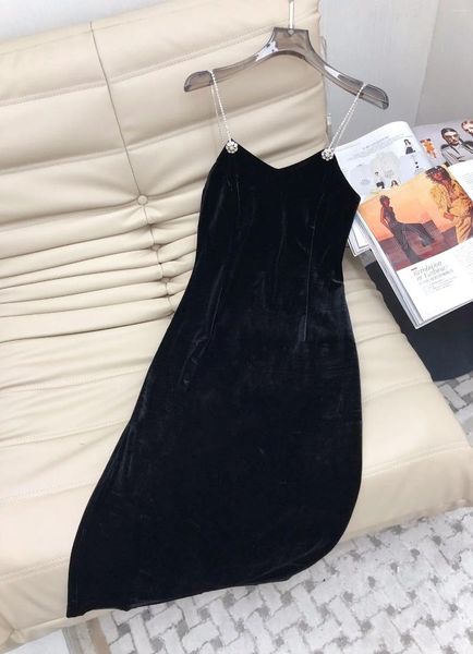 Sıradan Elbiseler Rhinestone Spagetti Strap Kadınlar Kısa Katı İpek Velvet Partisi Akşam Seksi Sırtsız Uzun Elbise Siyah