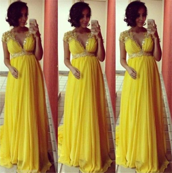 Abendkleider Libanon Gelb Flügelärmel Chiffon Perlen Abendkleider Sommer Mutterschaft Schwangere Sexy formelle Abendkleider Plus 3075436