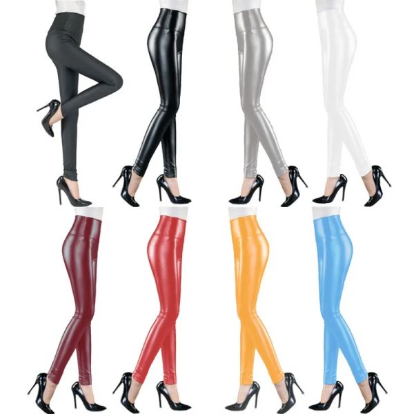 Leggings hohe Taille dünne Anklelength Black PU Faux Leder Leggings für Frauen Leggins dehnbare sexy Fitness Push Up Slim Hosen F80