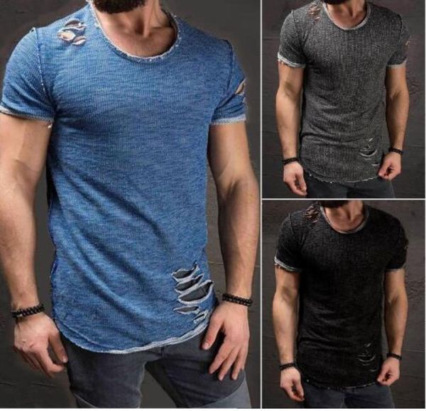 Rasgado masculino fino ajuste muscular opescoço angustiado t buraco novos topos camisa casual manga curta desgastado tshirts plus size 4xl1889925