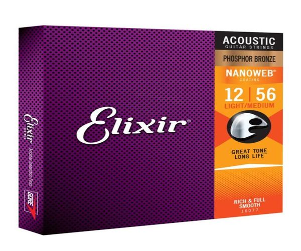 1 conjunto de cordas de guitarra acústica Elixir 16077 Nanoweb Phosphor Bronze LightMedium 1256 tocadas para um tom nítido e brilhante com um exp4930586