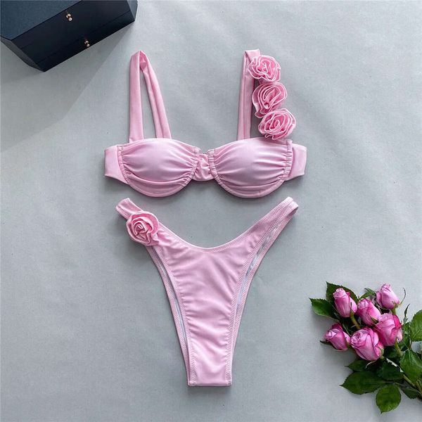 Sexy flor brilhante rosa push up bikini 2024 mulheres banho underwired maiô de corte alto enrugado conjunto biquini