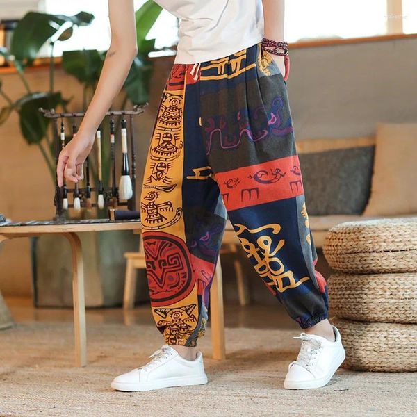 Pantaloncini da uomo Pantaloni casual Stile retrò cinese Motivo geometrico Lino stampato Lunghezza estiva Sciolto Taglia grande Etnico tutto abbinato