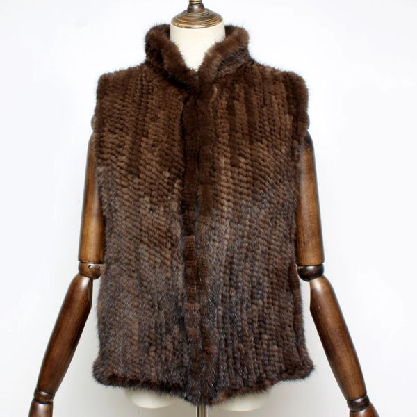 Pelz Herbst Winter Frauen Natürliche Nerz Pelz Weste Jacke Mode Hand Gestrickte Stehkragen Weste Dame Warme Weiche Casual ärmellose Mantel