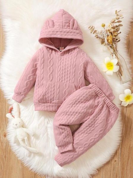 Giyim Setleri Bebek Kız Giysileri Toddler Bahar Bebek Katı Pembe Kapüşonlu Uzun Kollu Üst Pantolon 2 PCS Set Çocuklar Sıradan Outfitsclot8248086