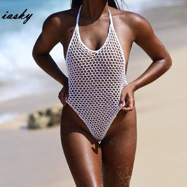 Suits Iasky 2019 Yeni Örme Hollow Out One Piece Myways Seksi Kadınlar Balık Net Monokini Mayo Kıyafet Mayo