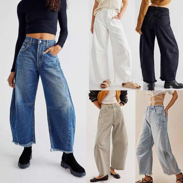 Damen Jeans Damen Frühling Sommer Lose Quasten Midi Taille Baggy Weites Bein Vintage Boyfriend Tapered Washed Denim Hosen