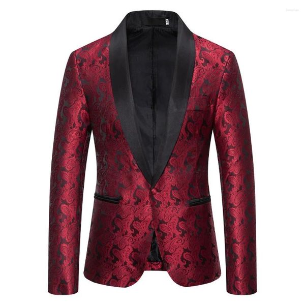 Herrenanzüge Herren-Smokingjacke mit rotem Blumenmuster, Jacquard-Anzug, schmale Passform, Blazer mit einem Knopf, für Männer, Hochzeit, Abschlussball, Abendessen, Bühnenkleidung für Sänger