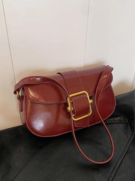 Abendtaschen Retro Damen Rote Schulter Luxus Klappe Haspe Glänzende PU Umhängetasche Solide Unterarmpackung Koreanischer Stil Damen Handlebags 2024