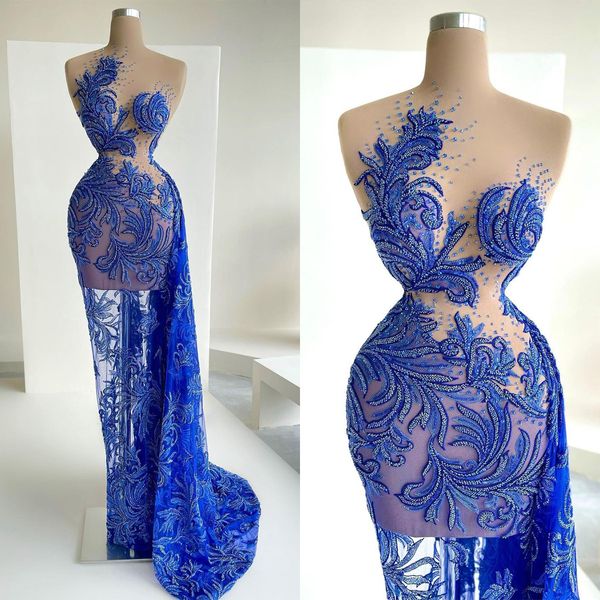 Brilhante sexy azul real sereia vestido de baile transparente pescoço lantejoulas miçangas vestido de festa de cristal robe de bal