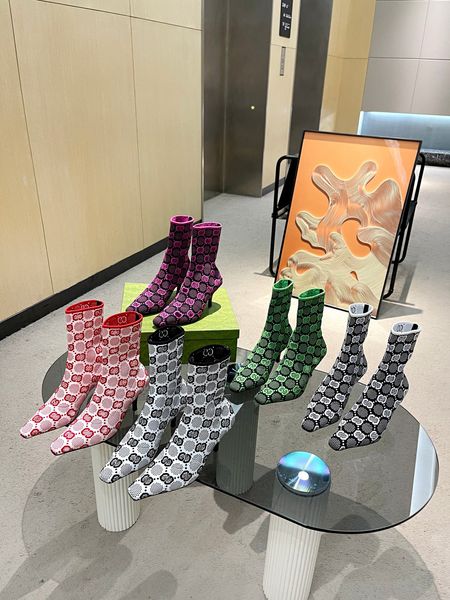 Mulheres malha tornozelo botas tom 75mm jacquard malha meia stiletto bota curta estiramento alongado dedos quadrados gatinho saltos botas de luxo designer sapatos fábrica calçado