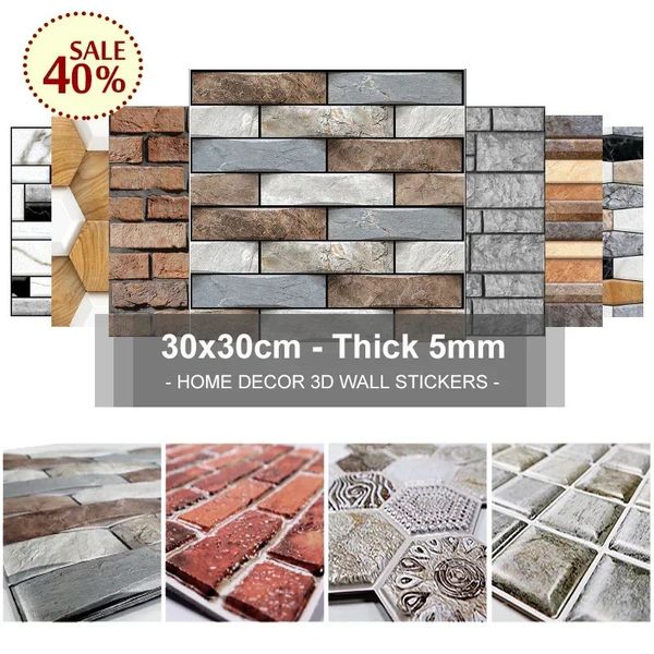 Adesivos de parede 3D 30x30cm à prova de água e óleo não desbota papéis de parede imitação tijolo telha pedra paralelepípedo para decoração de casa 240304