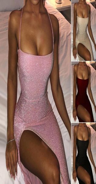 Glitter Pink Lace Up Open Back High Split Maxikleid Mode Sommer Club Bodycon Frau Party Nacht8894870