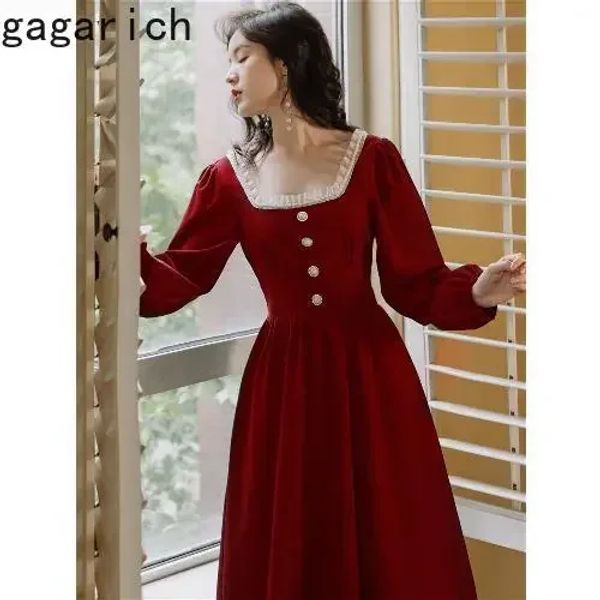 Vestido gagarich hepburn estilo vestido vermelho 2024 primavera outono vintage preto menina francesa borgonha pérola pescoço quadrado aline vestidos mujer