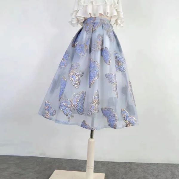 Vestidos 2023 primavera verão elegante saia feminina moda coreana fada doce azul borboleta cintura alta inchado tule longo falda festival