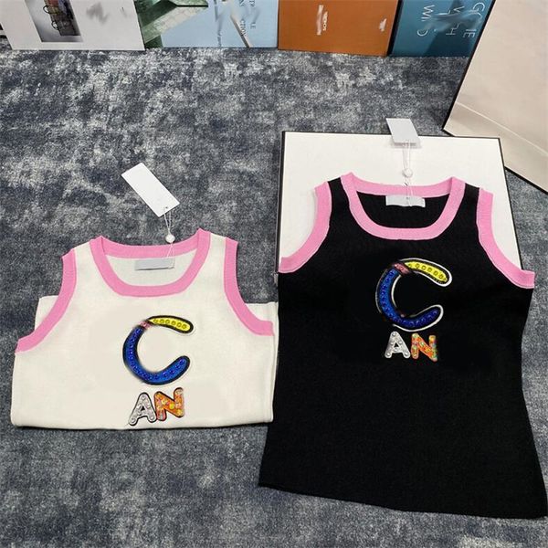 Moda colete de malha designer colorido strass malha colete verão solto respirável sem mangas malha topos em torno do pescoço camisola