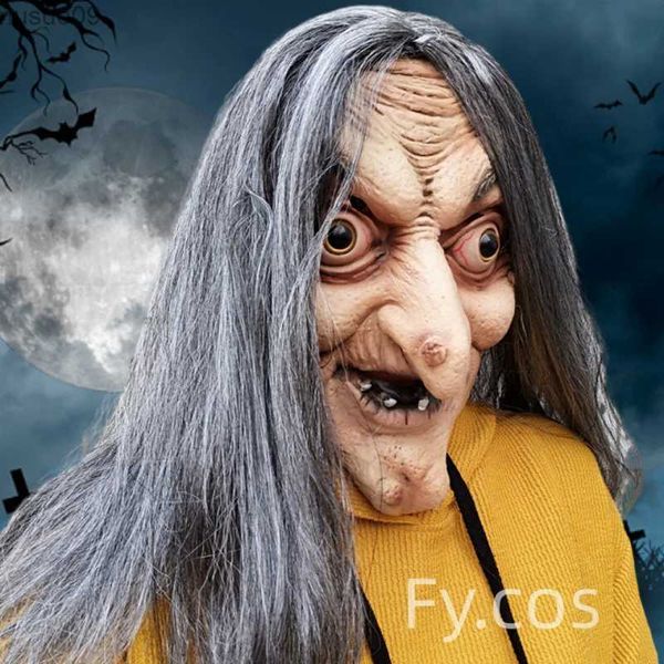 Designer-Masken, Halloween, Horror, langes Haar, Hexe, Kopfbedeckung, alter Mann, Maske, Party, Cosplay, Spukhaus, gruselige Requisiten, Erwachsener Vollgesichts-Latex-Kopfschmuck