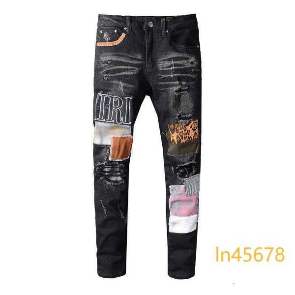 Herren Jeans Zerrissene Stretch Denim Hosen High Street Fashion Schwarz Patch Stickerei Elastische Slim Fit Skinny Jeans 2024