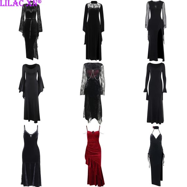 Vestido sexy elegante renda queimado manga longa alta divisão maxi vestidos vintage preto veludo corrente retalhos bodycon vestido longo grunge robe