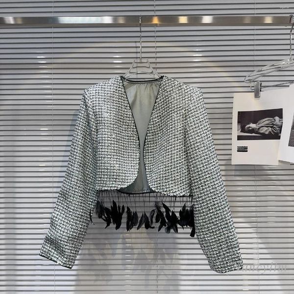 Jaquetas femininas 2024 primavera casaco curto xadrez para mulheres estilo clássico bainha pena borla costura tweed senhoras jaqueta elegante