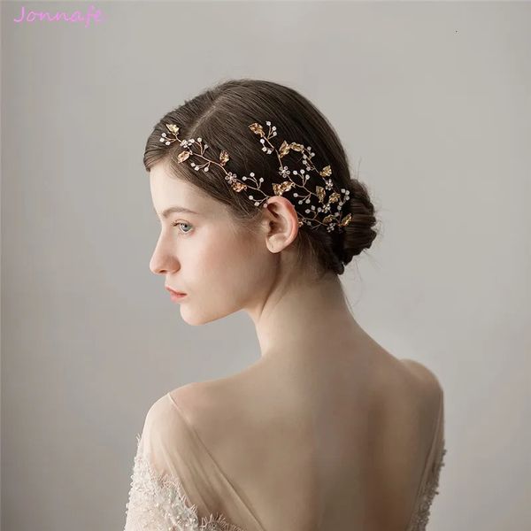 Jonnafe Boho Altın Renkli Yaprak Saç Vine Gelin Takı Kristal Düğün Parçası Aksesuarları El Yapımı Kadın Headwear 240306