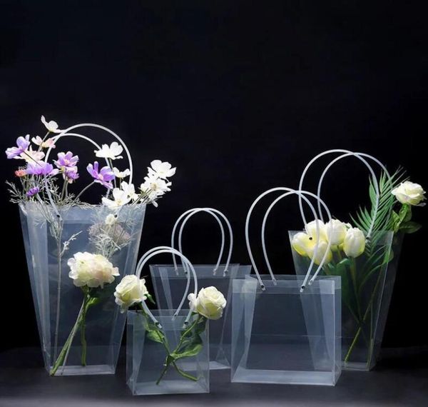 Clear Flower Buket Hediye Çantası Tapezoidal Plastik Depolama Çanta PVC Paketleme Çantaları Doğum Günü Partisi Tatil Çantaları Büyük Sarma Flor2497049