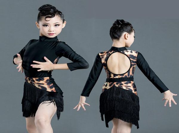 Vestido de dança latina meninas macacão franja saia balanço borla roupas crianças vestido leopardo desempenho terno rumba traje de dança 34281165398