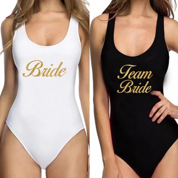Anzüge neuer Badebekleidung Frauen One Stück Badeanzug Team Braut Glitzer Golddruck Badeanzug Monokini BodySuit Junggeselle Party