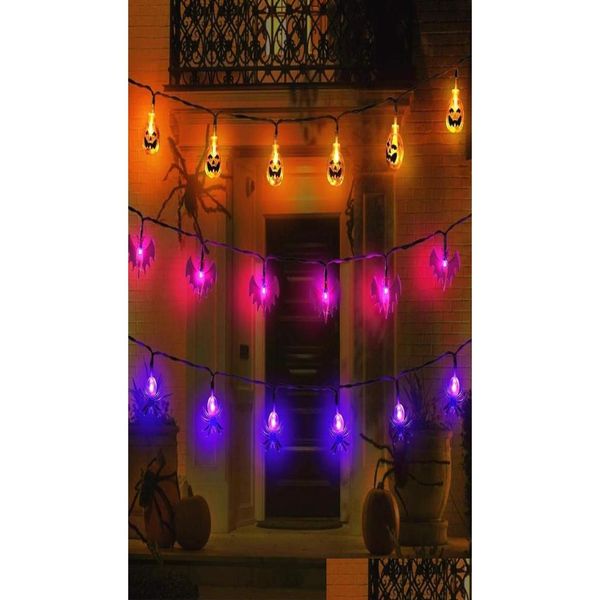 Cordas de LED Cordas LED Outdoor Decorações de Halloween Luzes 1020 Abóbora Aranha Bat Skl String Light Bateria Operada para Parte Interna Dh8Td