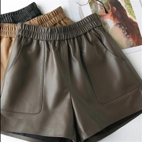 Damen-Shorts aus echtem Schaffell für 2024, hohe Taille, schlankmachende und vielseitige Haining-Lederhosen mit weitem Bein, Trend