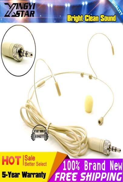 Bege 35mm plugue estéreo duplo gancho de orelha montado na cabeça mikrofon headworn microfone fone de ouvido para transmissor bodypack sem fio3415869