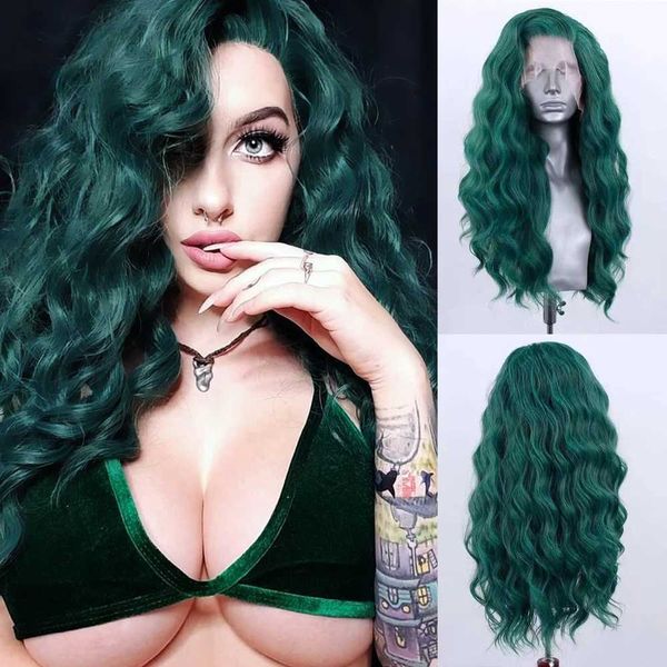 Perucas de cabelo verde escuro solto encaracolado peruca de fibra de calor peruca dianteira do laço sintético onda longa peruca de renda sintética cosplay perucas femininas 240306