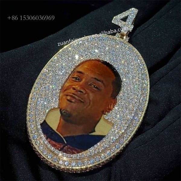 Ciondolo con foto personalizzato con diamante Moissanite di forma ovale rotonda con cornice ghiacciata Hip Hop