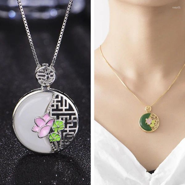 Anhänger Trendy Sterling Silber 925 Choker Halsketten Frauen Schmuck Mode Ethnische Jade Lotus Anhänger Halskette Für Dame Jahr Geschenk